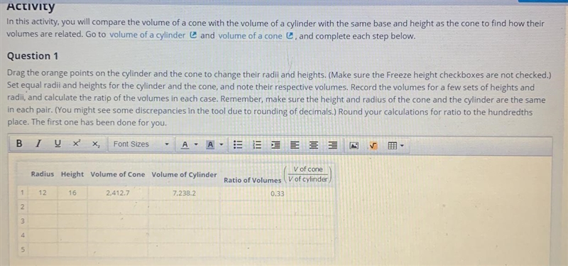 eldted. Go to volume of a cylinder C and volume of a cone e, and complete each step-example-1