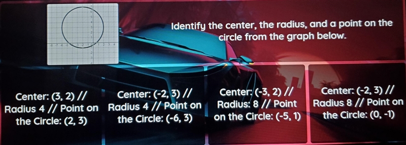 Identify the center, the radius, and a point on the circle from the graph below. Center-example-1