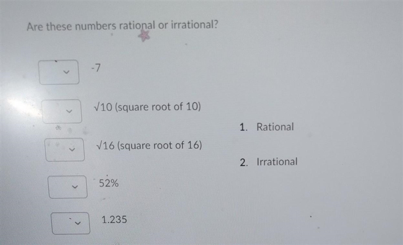 Are these numbers rational or irrational? -7 √10 (square root of 10) √16 (square root-example-1