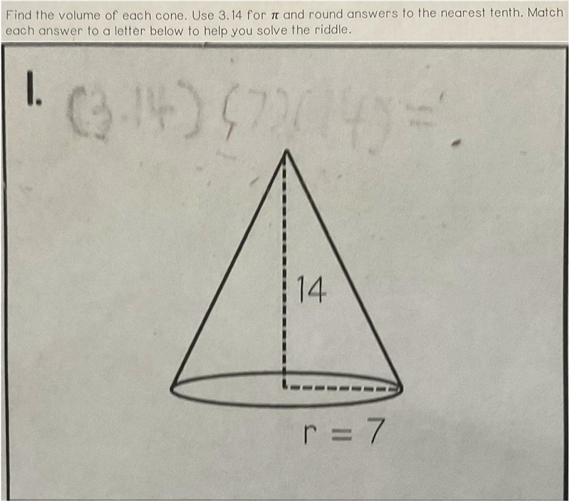 Find the volume of each cone. Use 3.14 for π and round answers to the nearest tenth-example-1