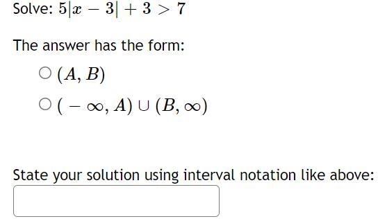 Solve: 5|4x+5|−2≤33 Give your answer as an interval. If no solutions exists - enter-example-1