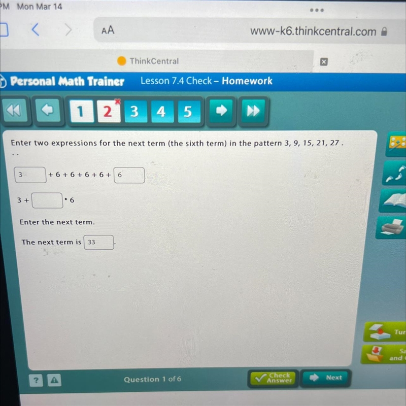 Enter two expressions for the next term (the sixth term) in the pattern 3, 9, 21, 27-example-1