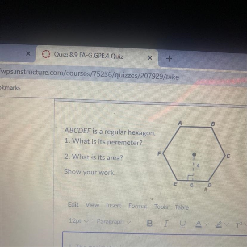 Abcdef is a regular hexagon what is its perimeter what is its area-example-1