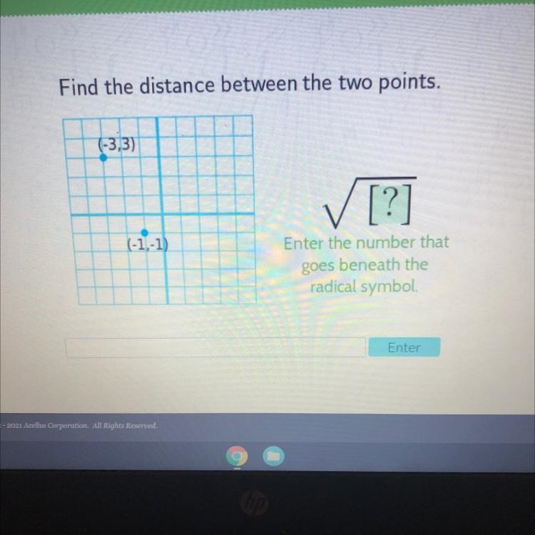 Find the distance between the two points.(-3,3)✓ [?](-1,-1)Enter the number thatgoes-example-1