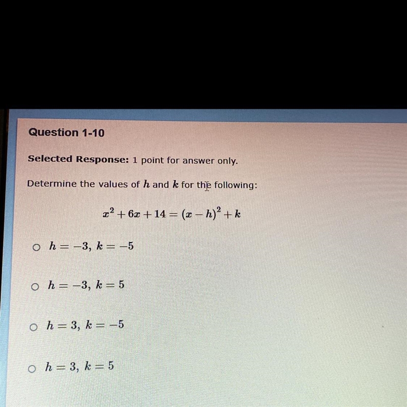 Determine the values of H and K for the following:x^2 + 6x + 14 = (x - h)^2 + k-example-1