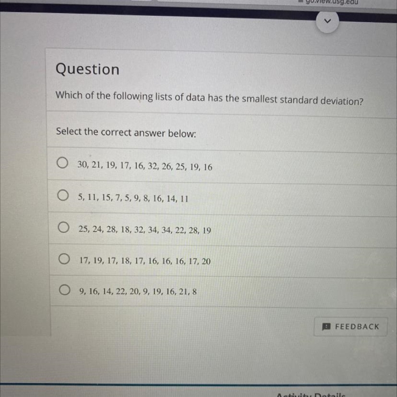 Which of the following lists of data has the smallest standard deviation?-example-1