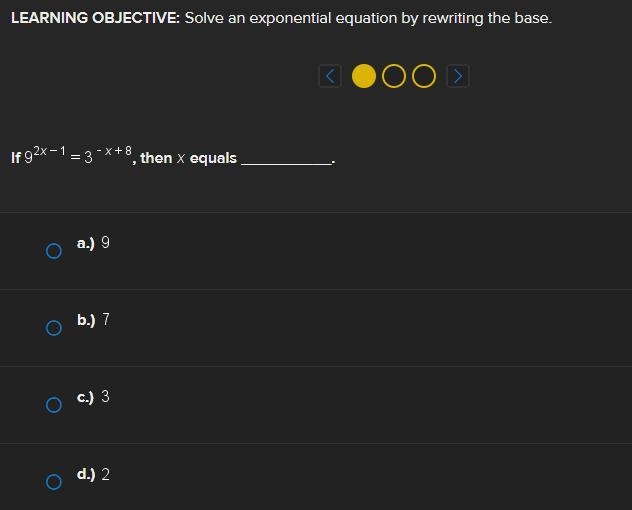 Solve an exponential equation by rewriting the base. g^(2x-1)=3^(-x+8), then x equals-example-1