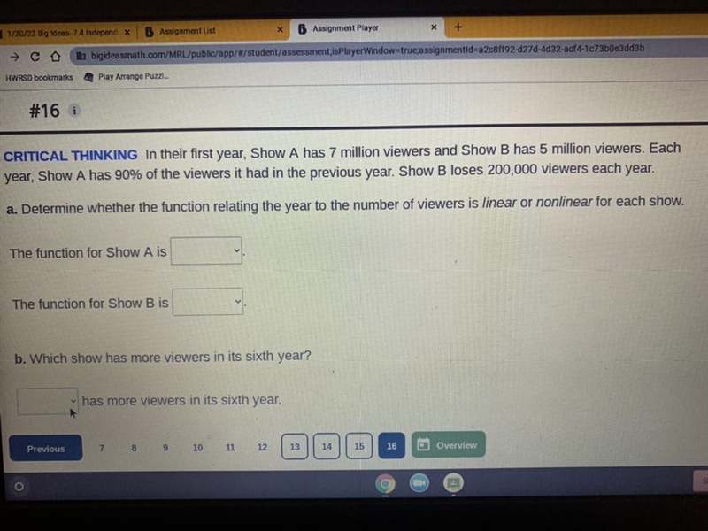 a. Determine whether the function relating the year to the number of viewers is linear-example-1