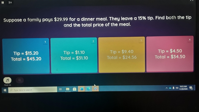 Find both the tip and the total price of the meal.-example-1