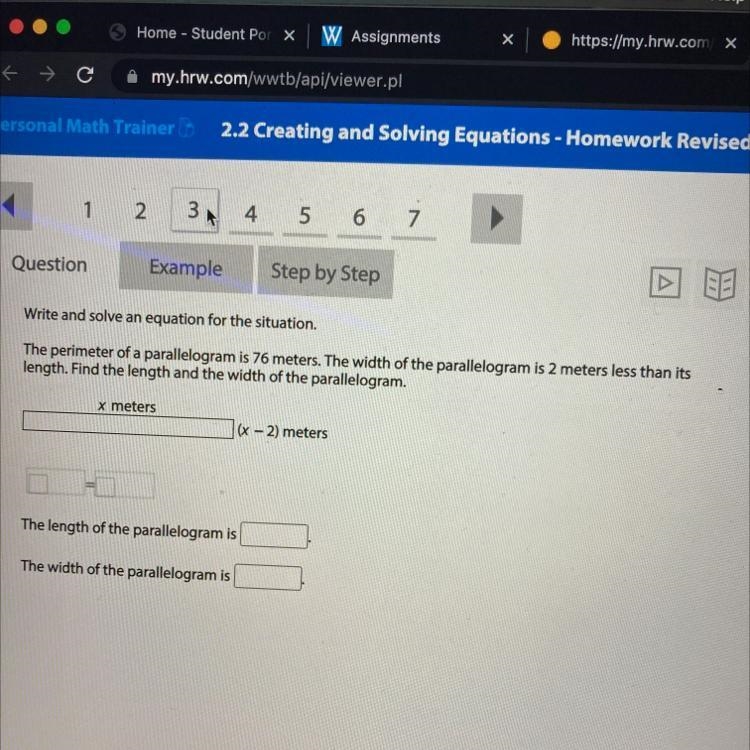 The perimeter of a parallelogram is 76 meters. The width of the parallelogram is 2 meters-example-1