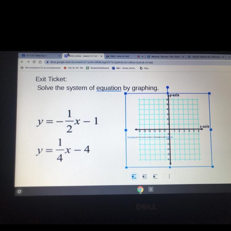 Solve the system of equation by graphing.Y=-1/2x-1Y=1/4x-4Please graph and solve the-example-1