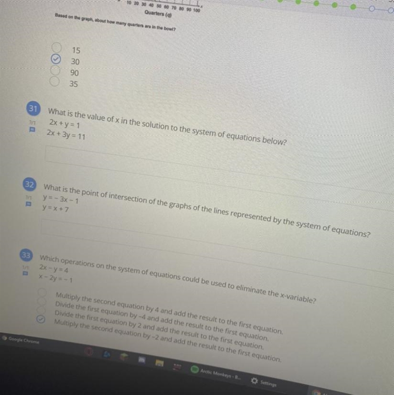 What is the value of x in the solution to the system of equations below?2x+3y=112x-example-1