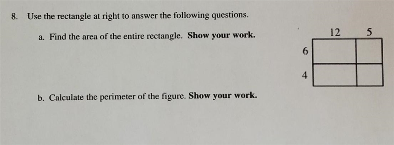 Use the rectangle at the right to answer the following questions. a. Find the area-example-1