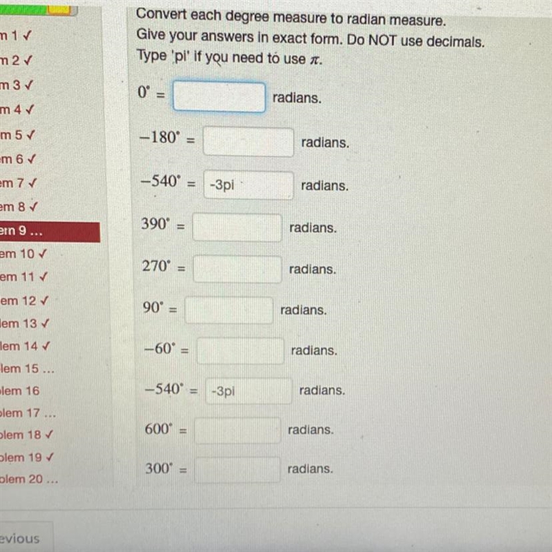 Convert each degree measure to radian measure Question in image In need of help on-example-1