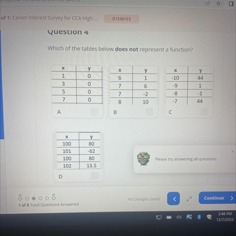 What table does not represent a function please help!!-example-1