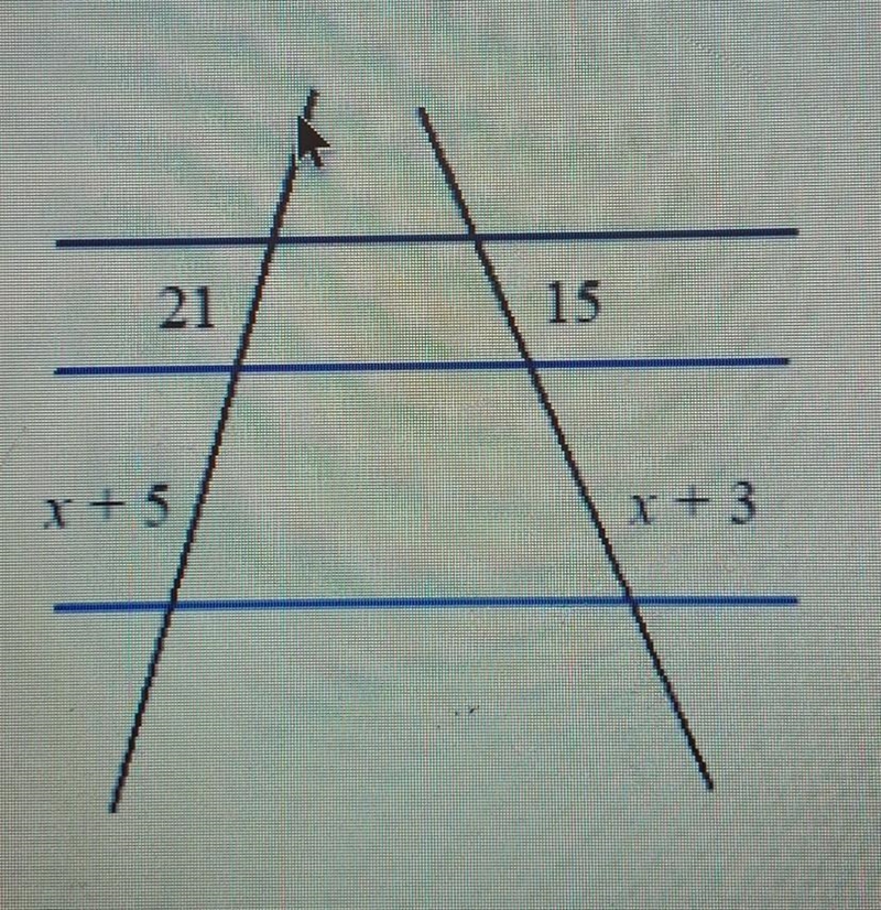 the blue lines are parallel write a proportion that could be used to solve for x then-example-1