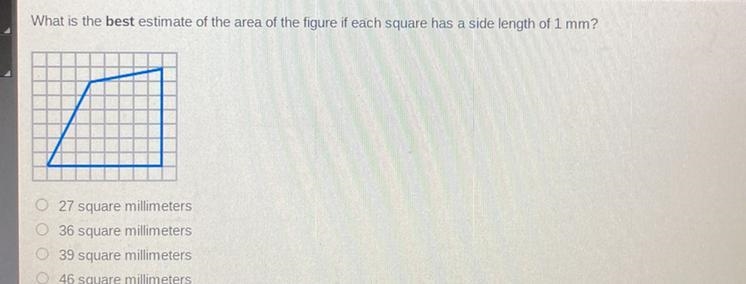 What is the best estimate of the area of the figure if each square has a side length-example-1