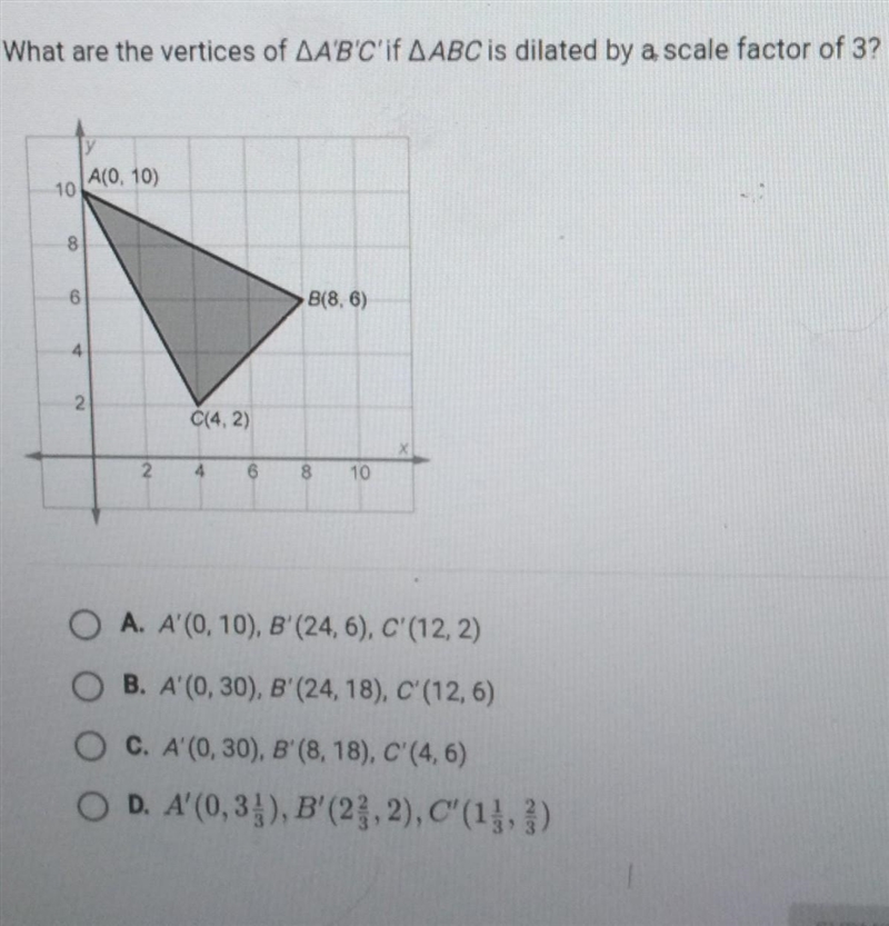 What are the vertices of AA'B'C'if AABC is dilated by a scale factor of 3? y A(O. 10) 10 8 6 B-example-1