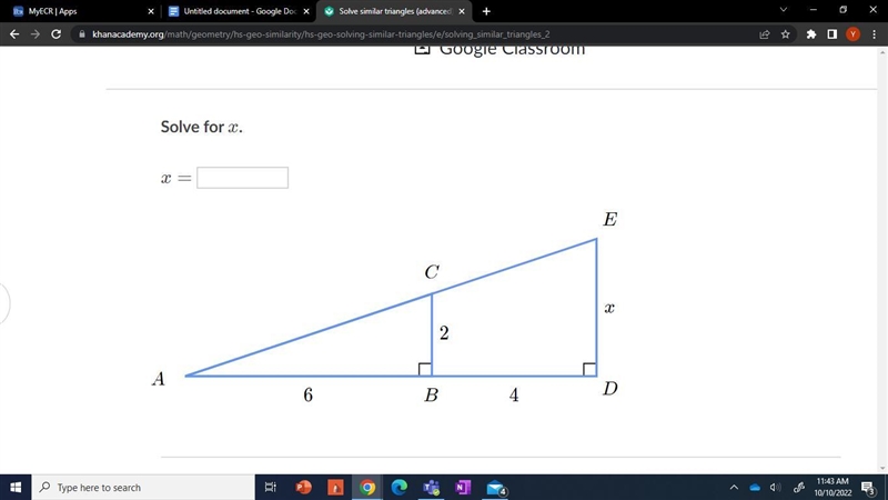 Solve similar triangles (advanced) khan academy. solve for x-example-1