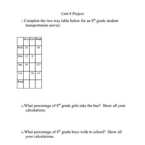 A) What percentage of 8th grade girls take the bus? Show all your calculations. b-example-1