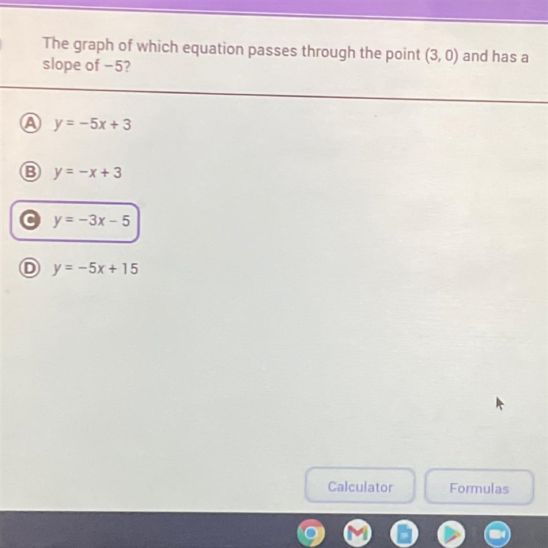 The graph of which equation passes through the point (3,0) and has aslope of -5?-example-1