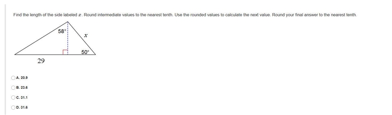 Find the length of the side labeled x. Round intermediate values to the nearest tenth-example-1