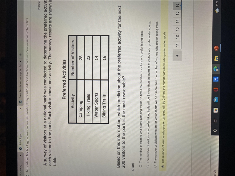 A survey of visitor at national park was conducted to determined the preferred activity-example-2