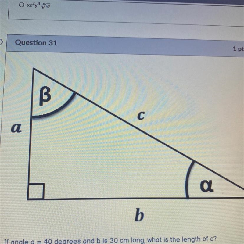 If angle a=40 degrees and b is 30 cm long, what is the length of c?-example-1