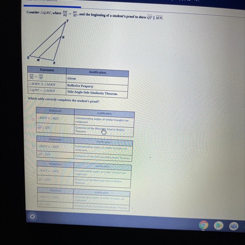 I need help with figuring out which converse makes QT parallel to MN-example-1