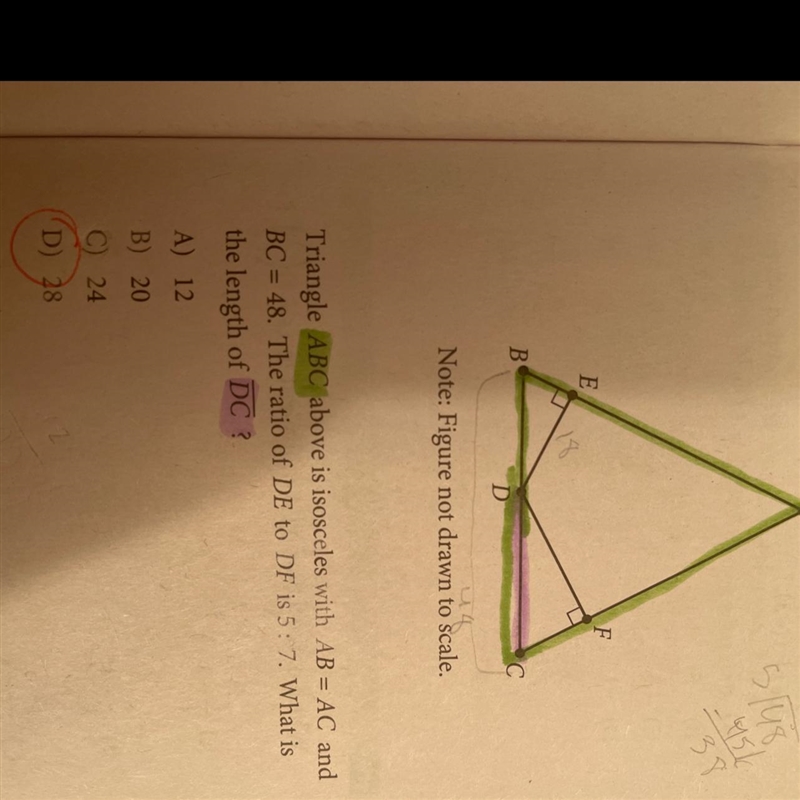 Triangle ABC above is isosceles with AB=AC and BC=48. The ratio of DE to DF is 5 : 7. What-example-1