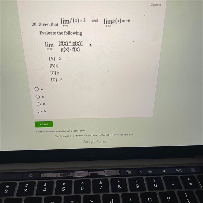 limf(x) = 3 and lime(x) = -620. Given thatEvaluate the followinglim [f(x) * g(x)]g-example-1