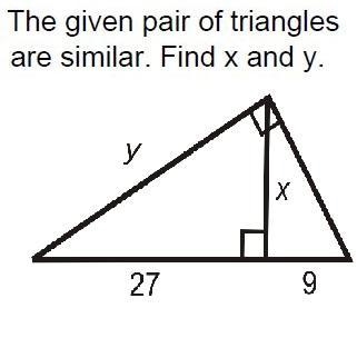 The given pair of triangles are similar. Find X and Y.-example-1