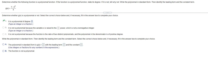 Write the polynomial in standard form. Then identify the leading term and the constant-example-1