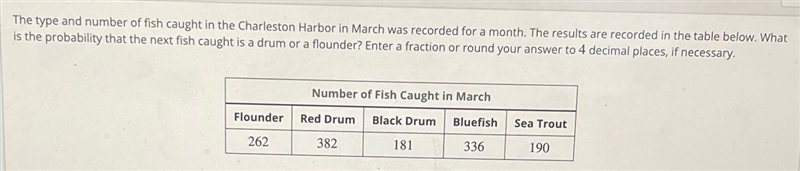 The type and number of fish caught in the Charleston Harbor in March was recorded-example-1