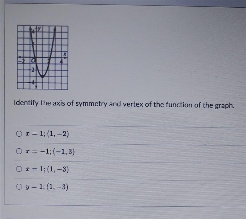 Identify the axis of symmentry and vertex of the function of the graph-example-1