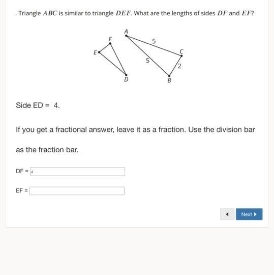 Triangle A BC is similar to triangle DEF. What are the lengths of sides DF and EF-example-1