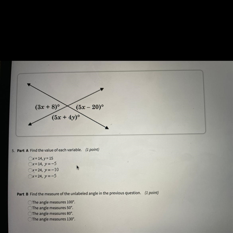 Part A find the value of each variable x=14, y=15 x=14, y=-5 x=24, y=-10 x=24, y-5 Part-example-1