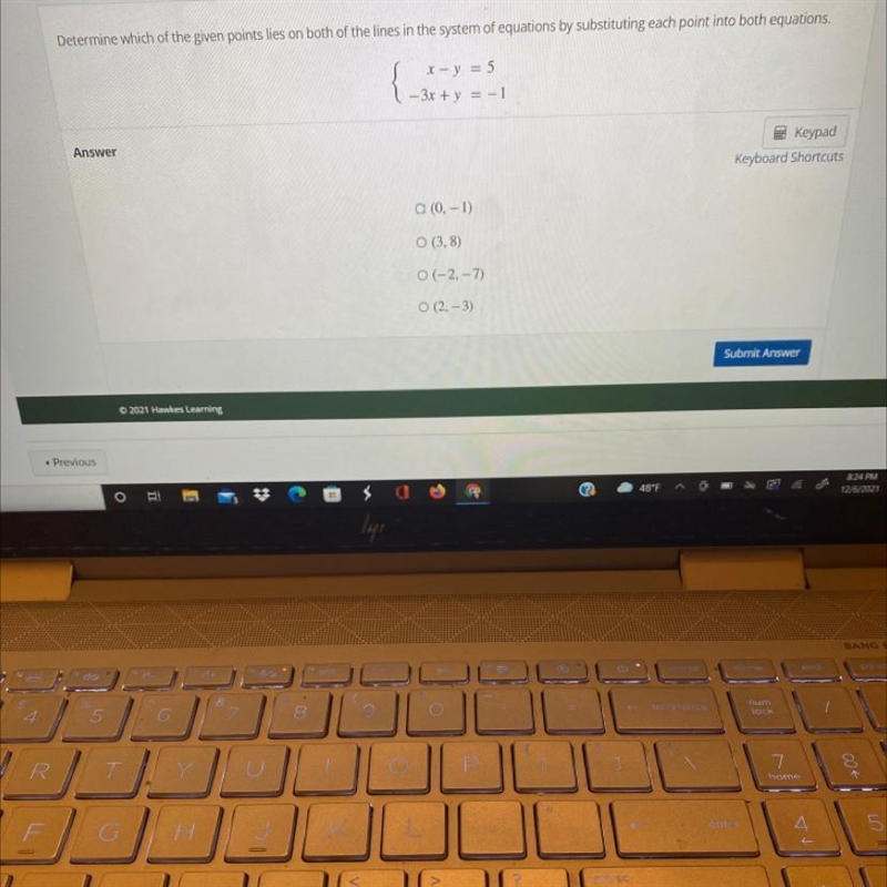 Determine which of the given points lies on both of the lines in the system of equations-example-1