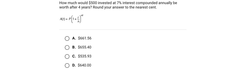 How much would $500 invested at 7% interest compounded annually be worth after 4 years-example-1