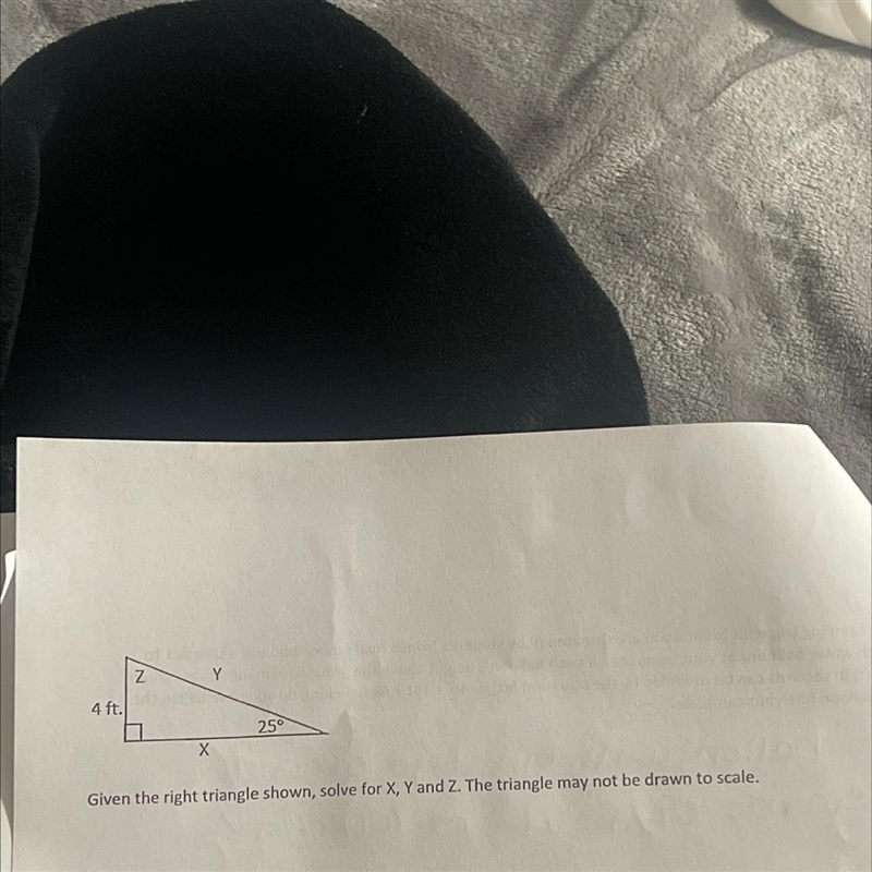 Given the right triangle shown, solve for X, Y and Z. The triangle may not be drawn-example-1