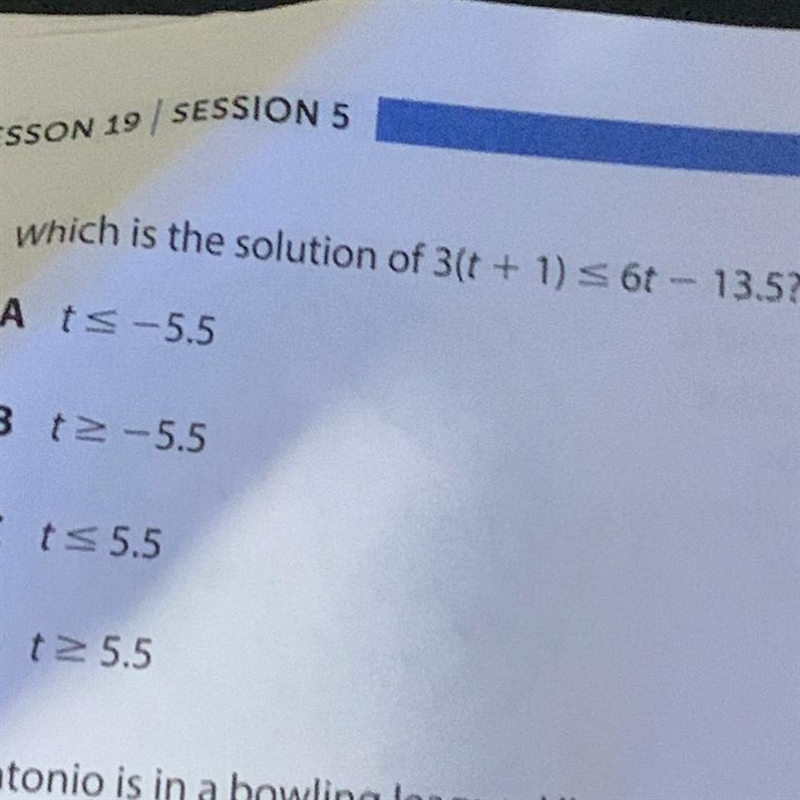 Which is the solution of 3(t + 1) = 6 - 13.5?A <-5.5B t2-5.5Ci< 5.5D (>55-example-1