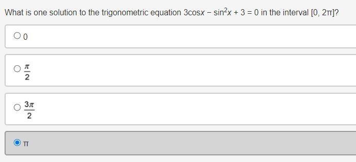 What is one solution to the trigonometric equation 3cosx − sin2x + 3 = 0 in the interval-example-1