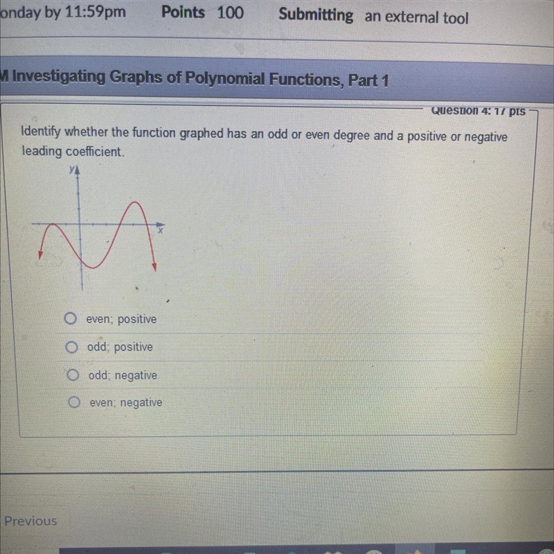 Identify if the function has an odd or even degree and positive or negative leading-example-1