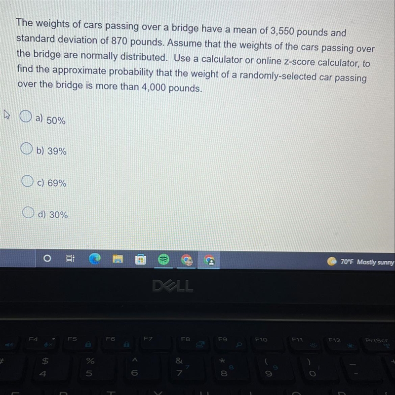 The weights of cars passing over a bridge have a mean of 3,550 pounds andstandard-example-1