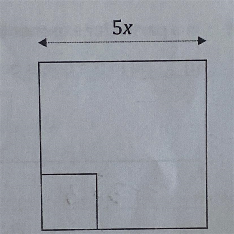 Two squares are shown in the diagram . The larger square has sides of length 5x units-example-1