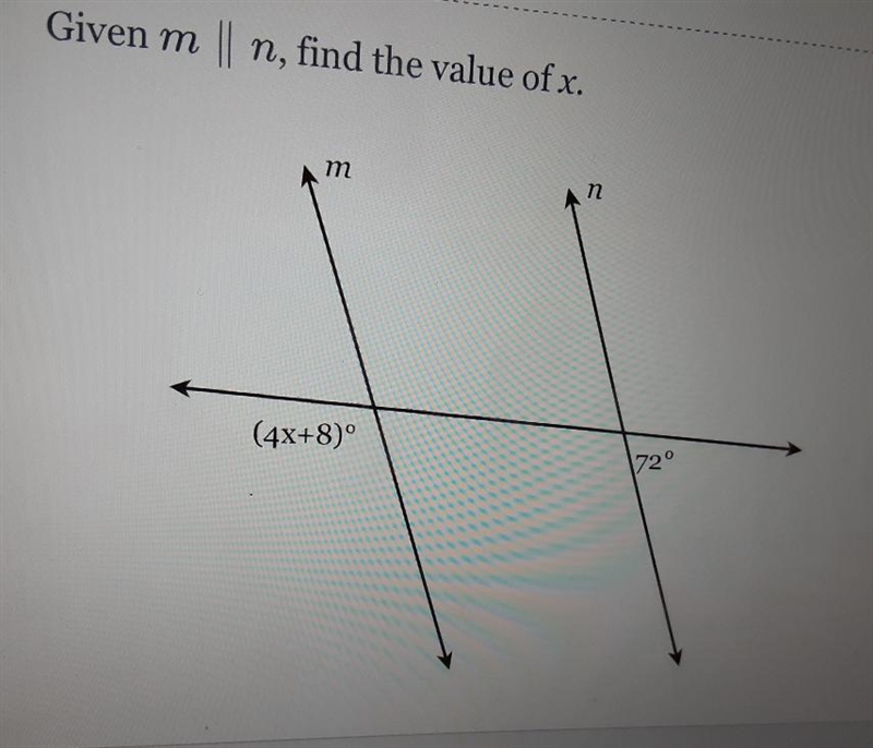 Given m 1 n, find the value of x. m n (4x+8)° 72°-example-1