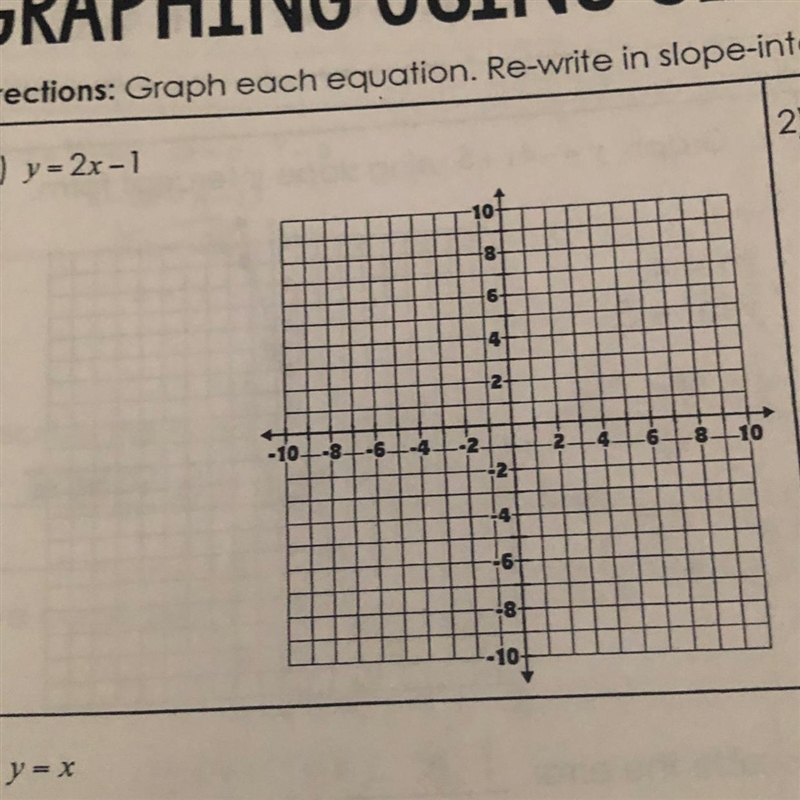 Graph eat equation rewrite i.n slope-intercept form first if necessary.Y=2x-1-example-1