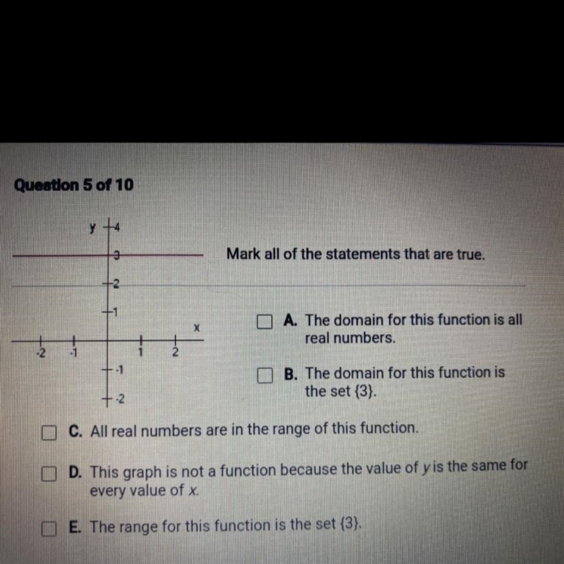 -2 Mark all of the statements that are true. -2 A. The domain for this function is-example-1