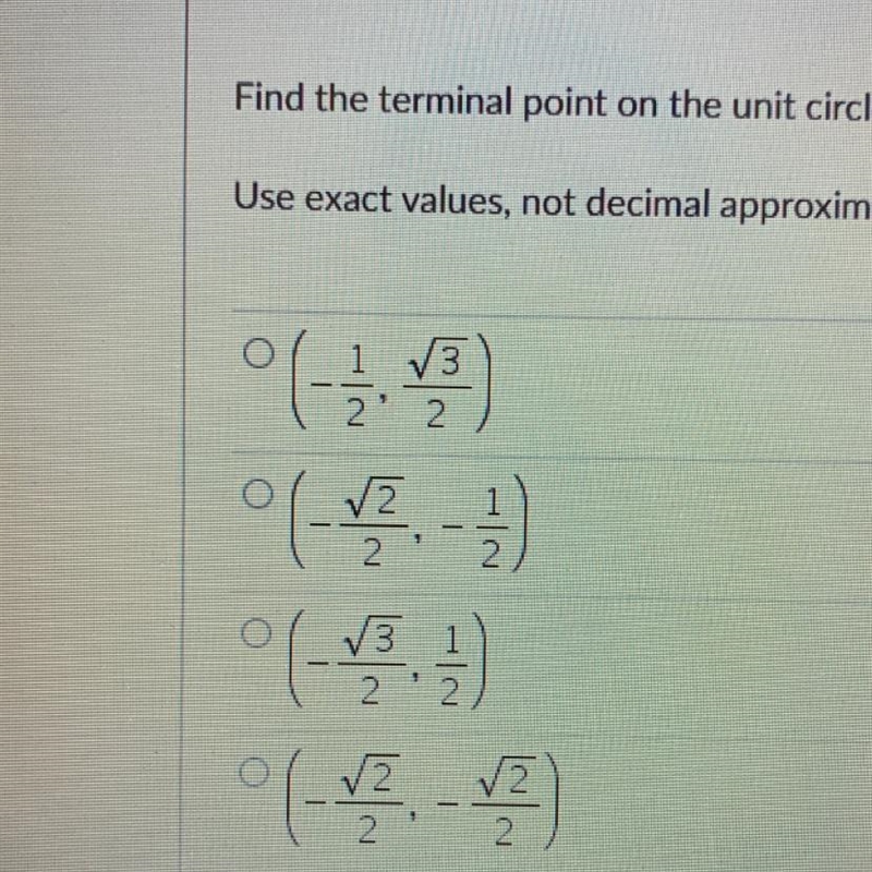 Find the terminal point on the unit circle determined by5pi/ 6 radians.Use exact values-example-1