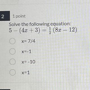 PLEASE HURRY Solve the following equation: 5- (4x+3)= 1/2 (8x - 12) Please solve for-example-1